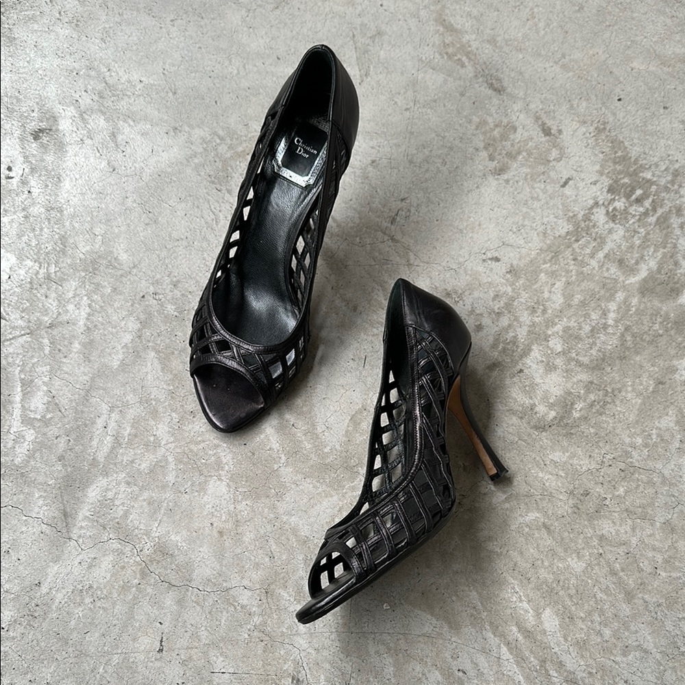 Christian Dior Galliano black leather lattice 38.5 heels peep toe y2k